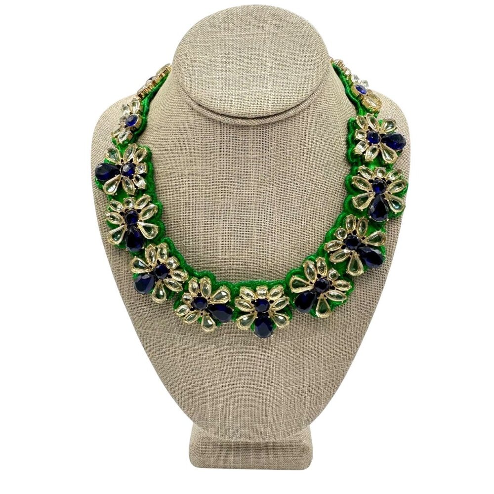 Talbots  Blue And Clear Rhinestones On Satin Like Fabric Chunky Statement Neckla